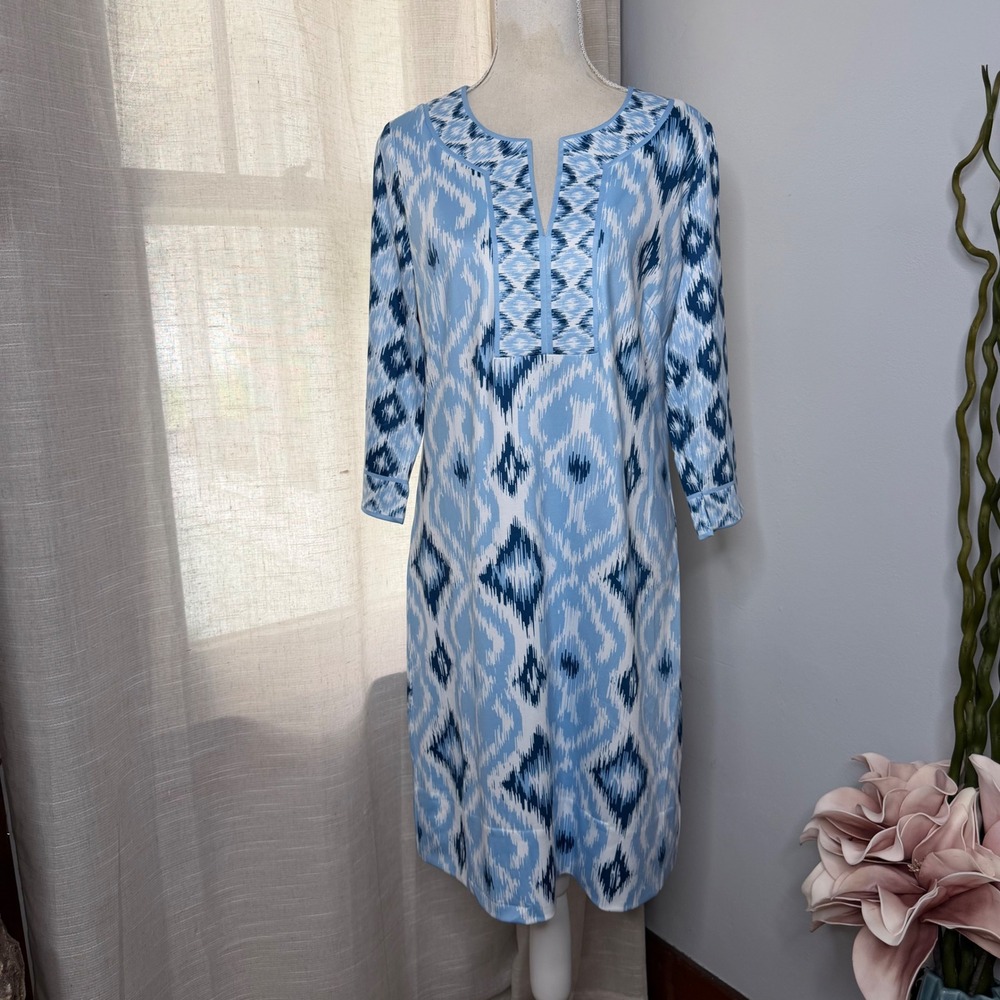 NWT Gretchen Scott Jersey Split Neck Dress Kitt Ikat Blue 3/4 Sleeves Women's M